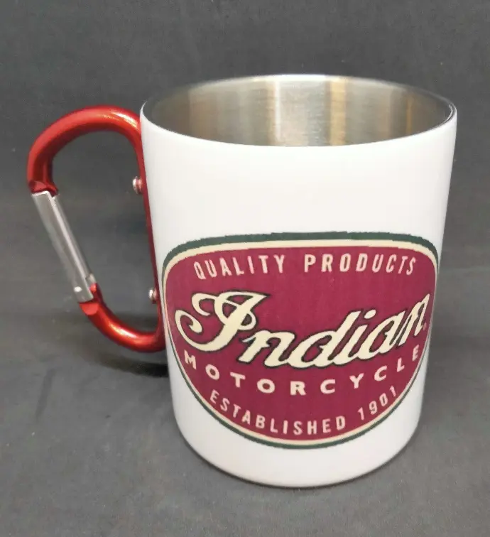 Mug metal blanc avec anse mousqueton rouge 300 ml