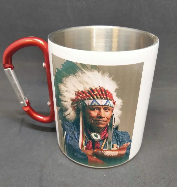 Mug metal blanc avec anse mousqueton rouge 300 ml