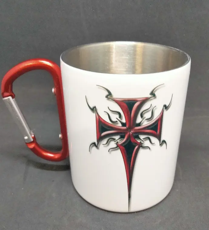 Mug metal blanc avec anse mousqueton rouge 300 ml