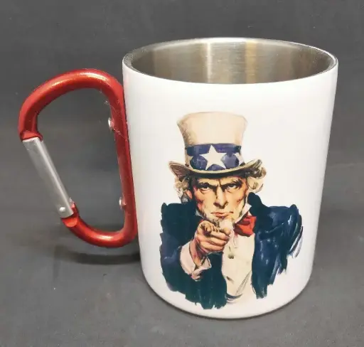 Mug metal blanc avec anse mousqueton rouge 300 ml