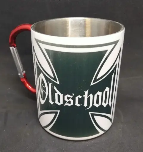 Mug metal blanc avec anse mousqueton rouge 300 ml