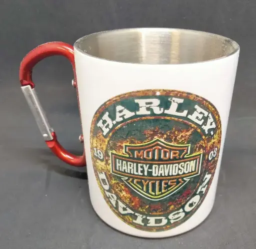 Mug metal blanc avec anse mousqueton rouge 300 ml