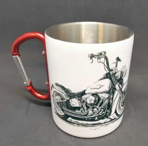 Mug metal blanc avec anse mousqueton rouge 300 ml