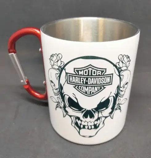 Mug metal blanc avec anse mousqueton rouge 300 ml